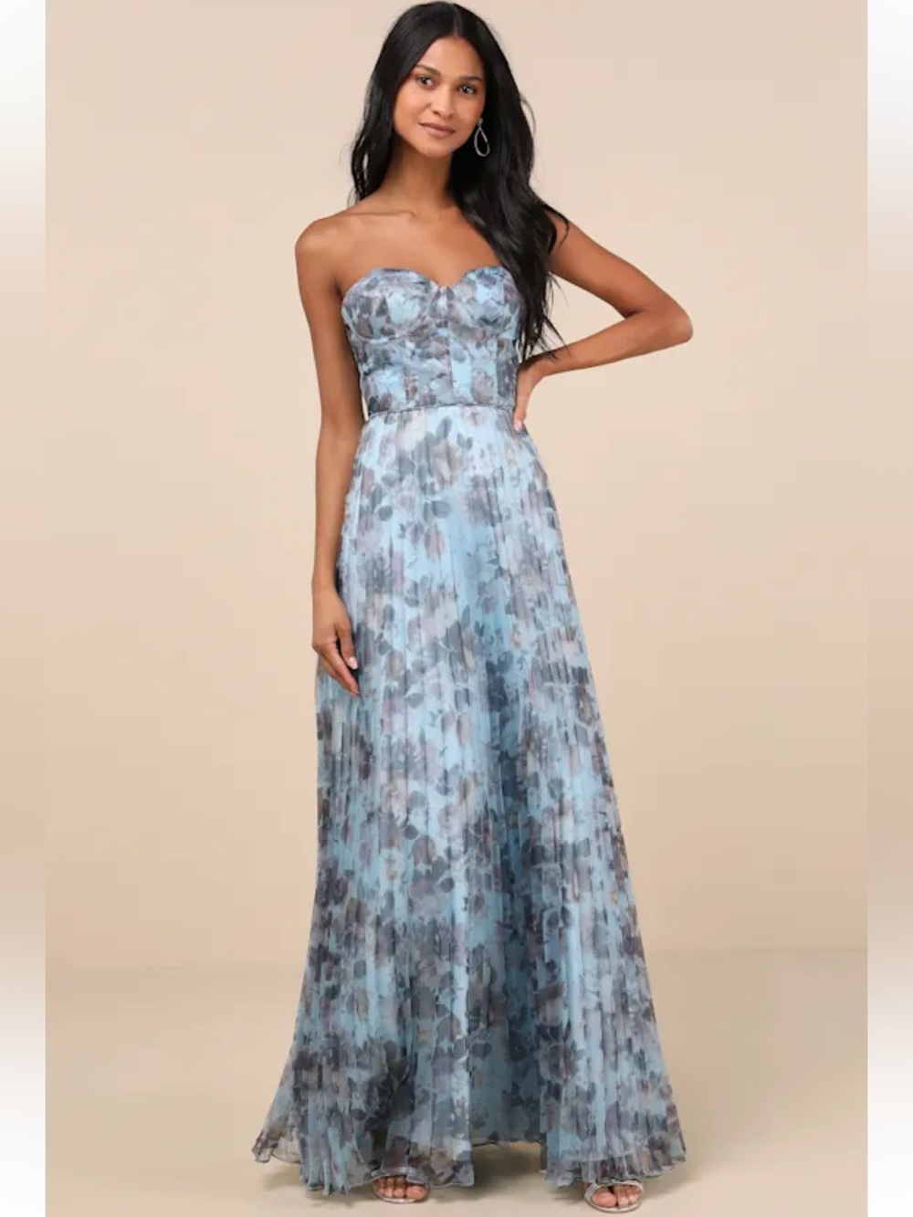 NWT Lulus Most Beautiful Day Blue Multi Floral Print Organza Maxi Dress